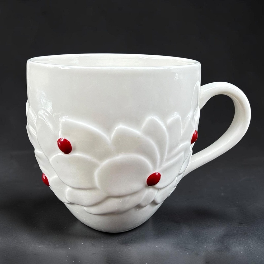 Starbucks 2004 Holiday Mug White Embossed Petals Red Berries Ceramic Coffee Cup